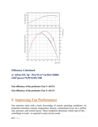 14 | P a g e
Efficiency Calculated
= ((Fan O/L Sp - P(s) I/L})*vol flow/3600)/
(102*power*0.99*0.95)*100
Fan efficiency of the preheater Fan 1= 65.5%
Fan efficiency of the preheater Fan 2= 65.1%
8. Improving Fan Performance
Fan selection starts with a basic knowledge of system operating conditions: air
properties (moisture content, temperature, density, contaminant level, etc.), airflow
rate, pressure, and system layout. These conditions determine which type of fan—
centrifugal or axial—is required to meet service needs.
 