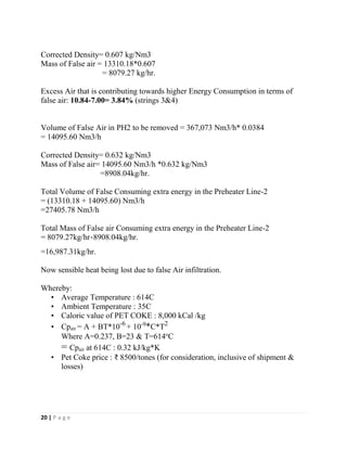 20 | P a g e
Corrected Density= 0.607 kg/Nm3
Mass of False air = 13310.18*0.607
= 8079.27 kg/hr.
Excess Air that is contributing towards higher Energy Consumption in terms of
false air: 10.84-7.00= 3.84% (strings 3&4)
Volume of False Air in PH2 to be removed = 367,073 Nm3/h* 0.0384
= 14095.60 Nm3/h
Corrected Density= 0.632 kg/Nm3
Mass of False air= 14095.60 Nm3/h *0.632 kg/Nm3
=8908.04kg/hr.
Total Volume of False Consuming extra energy in the Preheater Line-2
= (13310.18 + 14095.60) Nm3/h
=27405.78 Nm3/h
Total Mass of False air Consuming extra energy in the Preheater Line-2
= 8079.27kg/hr+8908.04kg/hr.
=16,987.31kg/hr.
Now sensible heat being lost due to false Air infiltration.
Whereby:
• Average Temperature : 614C
• Ambient Temperature : 35C
• Caloric value of PET COKE : 8,000 kCal /kg
• Cpair = A + BT*10-6
+ 10-9
*C*T2
Where A=0.237, B=23 & T=614o
C
= Cpair at 614C : 0.32 kJ/kg*K
• Pet Coke price : ₹ 8500/tones (for consideration, inclusive of shipment &
losses)
 