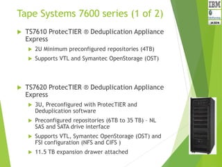 Tape Systems 7600 series (1 of 2)
 TS7610 ProtecTIER ® Deduplication Appliance
Express
 2U Minimum preconfigured repositories (4TB)
 Supports VTL and Symantec OpenStorage (OST)
 TS7620 ProtecTIER ® Deduplication Appliance
Express
 3U, Preconfigured with ProtecTIER and
Deduplication software
 Preconfigured repositories (6TB to 35 TB) – NL
SAS and SATA drive interface
 Supports VTL, Symantec OpenStorage (OST) and
FSI configuration (NFS and CIFS )
 11.5 TB expansion drawer attached
 