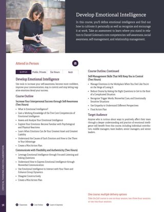 3838
CRITICALTHINKINGANDCOLLABORATION
Classroom Live Online Learn It Anytime
Develop Emotional Intelligence
In this course, you'll define emotional intelligence and find out
how to cultivate it personally as well as recognize and encourage
it at work. Take an assessment to learn where you stand in rela-
tion to Daniel Goleman’s core competencies: self-awareness, social
awareness, self-management, and relationship management.
EI-PP-01 Public, Private Six Hours $450
Develop Emotional Intelligence
Use tools to increase your self-awareness, become more confident,
improve your communication, stay in control, and stop letting neg-
ative emotions derail your success.
Course Outline
Increase Your Interpersonal Success through Self-Awareness
(Two Hours)
•	 What Is Emotional Intelligence?
•	 Gain a Working Knowledge of the Five Core Competencies of
Emotional Intelligence
•	 Assess and Analyze Your Emotional Intelligence
•	 Explore Your Emotions: Become Familiar with Psychological
and Physical Reactions
•	 Learn When Emotions Can Be Your Greatest Asset and Greatest
Liability
•	 Understand the Causes of Each Emotion and How to Use Them
to Your Advantage
•	 Create a Mini Action Plan
Communicate with Flexibility and Authenticity (Two Hours)
•	 Leverage Emotional Intelligence through Focused Listening and
Asking Questions
•	 Understand How to Express Emotional Intelligence through
Nonverbal Communication
•	 Use Emotional Intelligence to Interact with Your Team and
Enhance Group Dynamics
•	 Disagree Constructively
•	 Create a Mini Action Plan
Attend in Person
Course Outline, Continued
Self-Management Skills That Will Keep You in Control
(Two Hours)
•	 Manage Emotions in the Workplace When You Feel Like You’re
on the Verge of Losing It
•	 Reduce Drama by Asking the Right Questions to Get to the Root
of a Complicated Situation
•	 Recognize Trigger Words, Nonverbal Cues, and Emotionally
Sensitive Situations
•	 Use Empathy to Understand Different Perspectives
•	 Final Action Plan
Target Audience
Anyone who is curious about ways to positively affect their team
through a deeper understanding and practice of emotional intelli-
gence will benefit from this course, including individual contribu-
tors, middle managers, team leaders, senior managers, and senior
leaders.
One course; multiple delivery options
Take the full course in one six-hour session, two three-hour sessions,
or two two-hour sessions.
 
