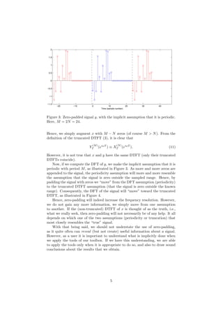 −20 −10 0 10 20 30 40
−1.5
−1
−0.5
0
0.5
1
1.5
2
Time (sample number)
Figure 3: Zero-padded signal y, with the implicit assumption that it is periodic.
Here, M = 2N = 24.
Hence, we simply augment x with M − N zeros (of course M > N). From the
deﬁnition of the truncated DTFT (3), it is clear that
Y
(M)
T (eiωT
) ≡ X
(N)
T (eiωT
). (11)
However, it is not true that x and y have the same DTFT (only their truncated
DTFTs coincide).
Now, if we compute the DFT of y, we make the implicit assumption that it is
periodic with period M, as illustrated in Figure 3. As more and more zeros are
appended to the signal, the periodicity assumption will more and more resemble
the assumption that the signal is zero outside the sampled range. Hence, by
padding the signal with zeros we “move” from the DFT assumption (periodicity)
to the truncated DTFT assumption (that the signal is zero outside the known
range). Consequently, the DFT of the signal will “move” toward the truncated
DTFT, as illustrated in Figure 4.
Hence, zero-padding will indeed increase the frequency resolution. However,
we do not gain any more information, we simply move from one assumption
to another. If the (non-truncated) DTFT of x is thought of as the truth, i.e.,
what we really seek, then zero-padding will not necessarily be of any help. It all
depends on which one of the two assumptions (periodicity or truncation) that
most closely resembles the “true” signal.
With that being said, we should not understate the use of zero-padding,
as it quite often can reveal (but not create) useful information about a signal.
However, as a user it is important to understand what is implicitly done when
we apply the tools of our toolbox. If we have this understanding, we are able
to apply the tools only when it is appropriate to do so, and also to draw sound
conclusions about the results that we obtain.
5
 