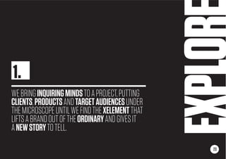 EXPLOR
WEBRINGINQUIRINGMINDSTOAPROJECT,PUTTING
CLIENTS,PRODUCTSANDTARGETAUDIENCESUNDER
THEMICROSCOPEUNTILWEFINDTHEXELEMENTTHAT
LIFTSABRANDOUTOFTHEORDINARYANDGIVESIT
ANEWSTORYTOTELL.
20
1.
 