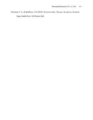 Homeland Security U.S. vs. U.K - 11 -
Simonsen, C. E., & Spindlove, J. R. (2010). Terrorism today: The past, the players, the future.
Upper Saddle River, NJ:Prentice Hall.
 