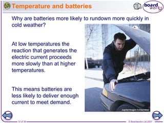 © Boardworks Ltd 2007
19 of 39
Temperature and batteries
Why are batteries more likely to rundown more quickly in
cold weather?
At low temperatures the
reaction that generates the
electric current proceeds
more slowly than at higher
temperatures.
This means batteries are
less likely to deliver enough
current to meet demand.
 