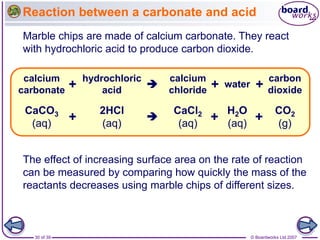 © Boardworks Ltd 2007
30 of 39
Reaction between a carbonate and acid
Marble chips are made of calcium carbonate. They react
with hydrochloric acid to produce carbon dioxide.
The effect of increasing surface area on the rate of reaction
can be measured by comparing how quickly the mass of the
reactants decreases using marble chips of different sizes.
hydrochloric
acid
calcium
chloride
calcium
carbonate + +
 water +
carbon
dioxide
CaCO3
(aq)
2HCl
(aq)
CaCl2
(aq)
+
+ 
H2O
(aq)
+
CO2
(g)
 