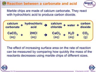 © Boardworks Ltd 2007
30 of 39
Reaction between a carbonate and acid
Marble chips are made of calcium carbonate. They reac...