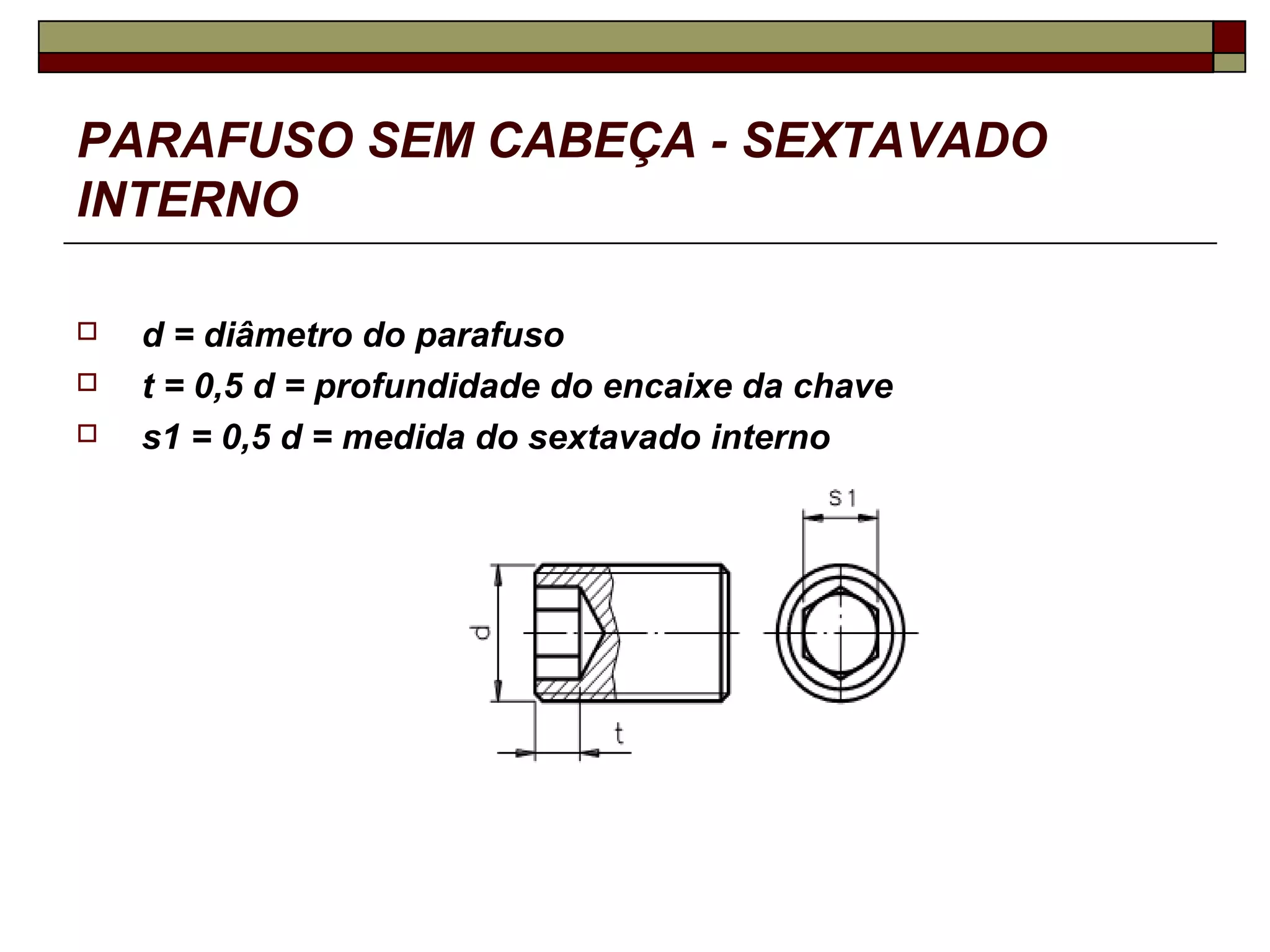 PARAFUSO SEM CABEÇA - SEXTAVADO
INTERNO

   d = diâmetro do parafuso
   t = 0,5 d = profundidade do encaixe da chave
   s1 = 0,5 d = medida do sextavado interno
 