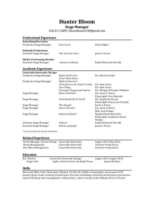 stage manager resume bloom stage manager resume