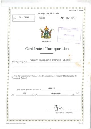 Flinsey Investments Certificate de Incorporation