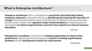 What Is Enterprise Architecture? Demystifying an important discipline with
numerous implementations and perceptions
2
Enterprise architecture (EA) is a discipline for proactively and holistically leading
enterprise responses to disruptive forces by identifying and analyzing the execution of
change toward desired business vision and outcomes. EA delivers value by presenting
business and IT leaders with signature-ready recommendations for adjusting policies
and projects to achieve target business outcomes that capitalize on relevant business
disruptions.
- Gartner
Management consulting is the practice of helping organizations to improve their
performance, operating primarily through the analysis of existing organizational
problems and the development of plans for improvement.
- Wikipedia
 