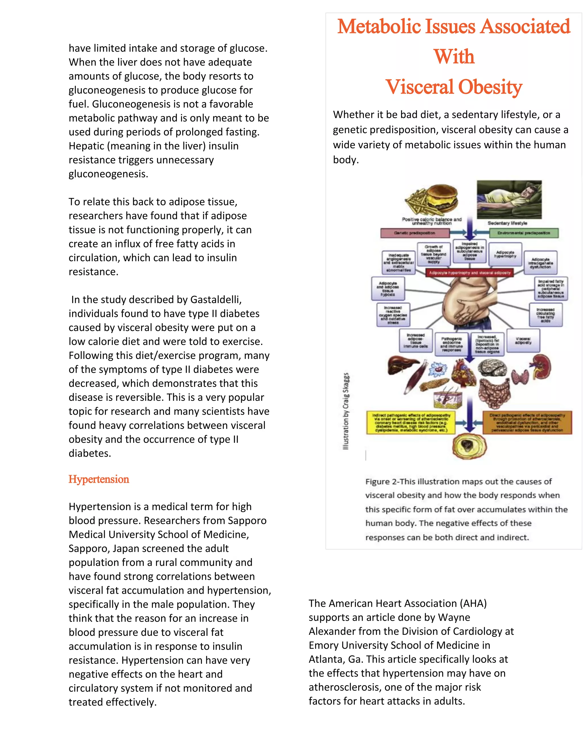 have limited intake and storage of glucose.
When the liver does not have adequate
amounts of glucose, the body resorts to
gluconeogenesis to produce glucose for
fuel. Gluconeogenesis is not a favorable
metabolic pathway and is only meant to be
used during periods of prolonged fasting.
Hepatic (meaning in the liver) insulin
resistance triggers unnecessary
gluconeogenesis.
To relate this back to adipose tissue,
researchers have found that if adipose
tissue is not functioning properly, it can
create an influx of free fatty acids in
circulation, which can lead to insulin
resistance.
In the study described by Gastaldelli,
individuals found to have type II diabetes
caused by visceral obesity were put on a
low calorie diet and were told to exercise.
Following this diet/exercise program, many
of the symptoms of type II diabetes were
decreased, which demonstrates that this
disease is reversible. This is a very popular
topic for research and many scientists have
found heavy correlations between visceral
obesity and the occurrence of type II
diabetes.
Hypertension
Hypertension is a medical term for high
blood pressure. Researchers from Sapporo
Medical University School of Medicine,
Sapporo, Japan screened the adult
population from a rural community and
have found strong correlations between
visceral fat accumulation and hypertension,
specifically in the male population. They
think that the reason for an increase in
blood pressure due to visceral fat
accumulation is in response to insulin
resistance. Hypertension can have very
negative effects on the heart and
circulatory system if not monitored and
treated effectively.
The American Heart Association (AHA)
supports an article done by Wayne
Alexander from the Division of Cardiology at
Emory University School of Medicine in
Atlanta, Ga. This article specifically looks at
the effects that hypertension may have on
atherosclerosis, one of the major risk
factors for heart attacks in adults.
Metabolic Issues Associated
With
Visceral Obesity
Whether it be bad diet, a sedentary lifestyle, or a
genetic predisposition, visceral obesity can cause a
wide variety of metabolic issues within the human
body.
 
