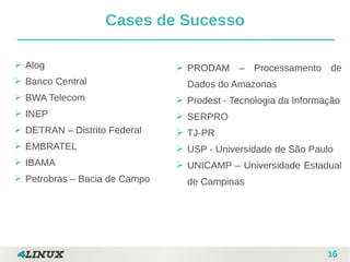 16
Cases de Sucesso
➢ PRODAM – Processamento de
Dados do Amazonas
➢ Prodest - Tecnologia da Informação
➢ SERPRO
➢ TJ-PR
➢ USP - Universidade de São Paulo
➢ UNICAMP – Universidade Estadual
de Campinas
➢ Alog
➢ Banco Central
➢ BWA Telecom
➢ INEP
➢ DETRAN – Distrito Federal
➢ EMBRATEL
➢ IBAMA
➢ Petrobras – Bacia de Campo
 