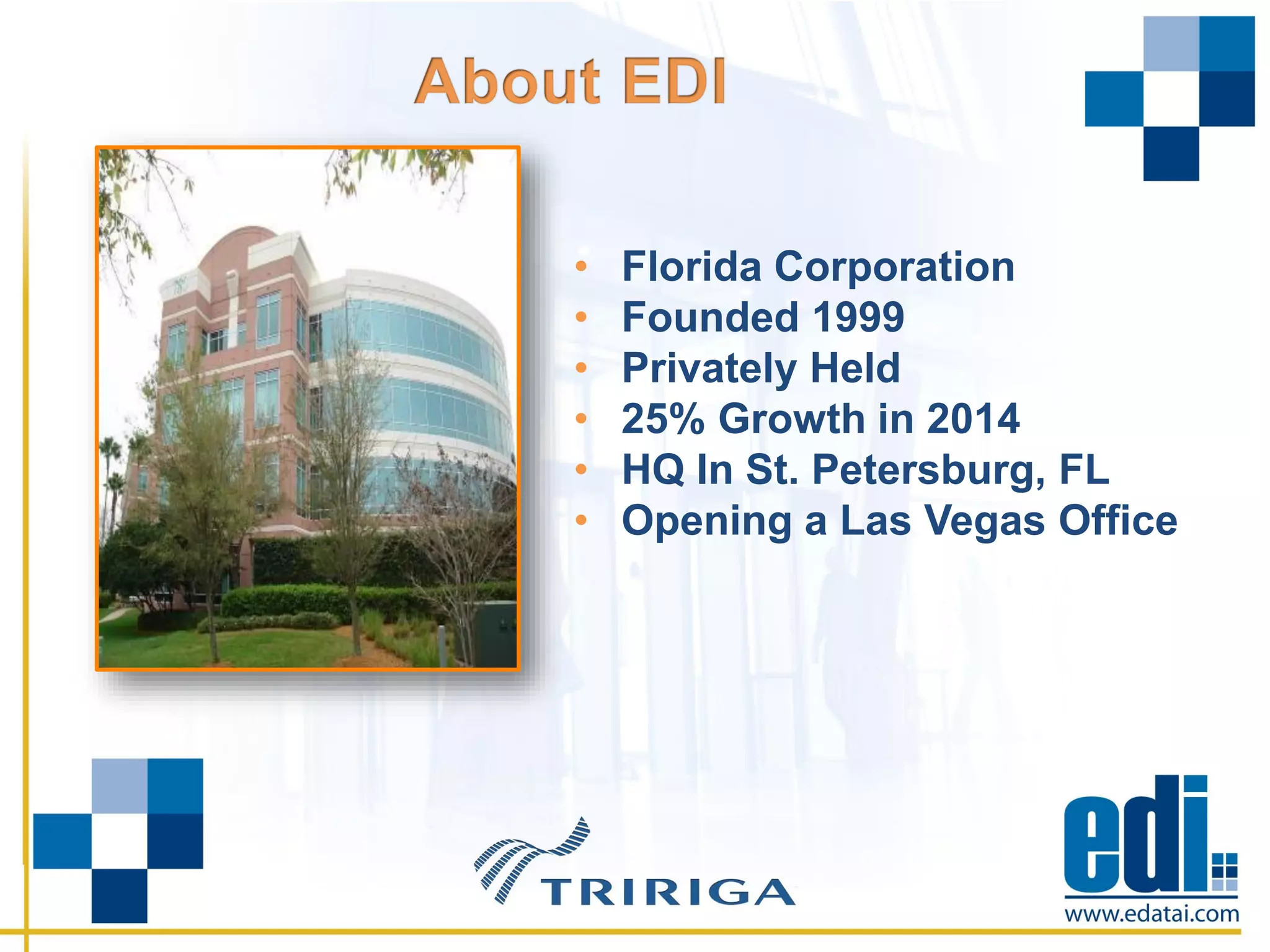 • Florida Corporation
• Founded 1999
• Privately Held
• 25% Growth in 2014
• HQ In St. Petersburg, FL
• Opening a Las Vegas Office
 