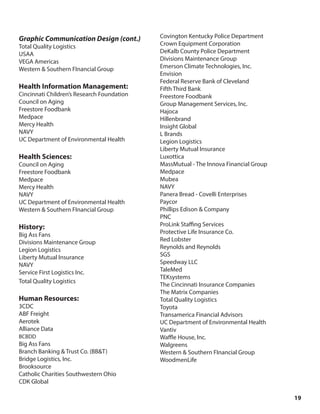 19
Graphic Communication Design (cont.)
Total Quality Logistics
USAA
VEGA Americas
Western & Southern FInancial Group
Health Information Management:
Cincinnati Children’s Research Foundation
Council on Aging
Freestore Foodbank
Medpace
Mercy Health
NAVY
UC Department of Environmental Health
Health Sciences:
Council on Aging
Freestore Foodbank
Medpace
Mercy Health
NAVY
UC Department of Environmental Health
Western & Southern FInancial Group
History:
Big Ass Fans
Divisions Maintenance Group
Legion Logistics
Liberty Mutual Insurance
NAVY
Service First Logistics Inc.
Total Quality Logistics
Human Resources:
3CDC
ABF Freight
Aerotek
Alliance Data
BCBDD
Big Ass Fans
Branch Banking & Trust Co. (BB&T)
Bridge Logistics, Inc.
Brooksource
Catholic Charities Southwestern Ohio
CDK Global
Covington Kentucky Police Department
Crown Equipment Corporation
DeKalb County Police Department
Divisions Maintenance Group
Emerson Climate Technologies, Inc.
Envision
Federal Reserve Bank of Cleveland
Fifth Third Bank
Freestore Foodbank
Group Management Services, Inc.
Hajoca
Hillenbrand
Insight Global
L Brands
Legion Logistics
Liberty Mutual Insurance
Luxottica
MassMutual - The Innova Financial Group
Medpace
Mubea
NAVY
Panera Bread - Covelli Enterprises
Paycor
Phillips Edison & Company
PNC
ProLink Staffing Services
Protective Life Insurance Co.
Red Lobster
Reynolds and Reynolds
SGS
Speedway LLC
TaleMed
TEKsystems
The Cincinnati Insurance Companies
The Matrix Companies
Total Quality Logistics
Toyota
Transamerica Financial Advisors
UC Department of Environmental Health
Vantiv
Waffle House, Inc.
Walgreens
Western & Southern FInancial Group
WoodmenLife
 