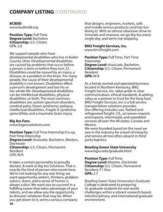30
BCBDD
www.butlerdd.org
Position Type: Full Time
Degree Level: Bachelors
Citizenship: U.S. Citizen
GPA: 2.0
We support people who have
developmental disabilities who live in Butler
County, Ohio. Developmental disabilities
are caused by problems that occur before
a person is born or before they turn 22.
Disabilities could be caused by an injury, a
disease, or a problem in the brain. For many
people, the cause of their developmental
disability is not known. Disabilities effect
a person’s development and last his or
her whole life. Developmental disabilities
can be intellectual disabilities, physical
disabilities, or both. The most common
disabilities are: autism spectrum disorders,
cerebral palsy, Down syndrome, epilepsy,
intellectual disabilities, Fragile-X syndrome,
spina bifida, and a traumatic brain injury.
Big Ass Fans
www.bigasssolutions.com
Position Type: Full Time Internship/Co-op,
Part Time Internship
Degree Level: Associate, Bachelors, Masters,
Doctorate
Citizenship: U.S. Citizen, Permanent
Resident
GPA: N/A
It takes a certain personality to proudly
declare, & work at Big Ass Solutions. That is
exactly the kind of person who excels here.
We’re not looking for any one thing; we
want opportunity seekers, thinkers, problem
solvers, doers, and a sense of humor is
always a plus. We want you to succeed in a
fulfilling career that takes advantage of your
talents, and we allow you the opportunity
to discover whatever that may be. When
you get down to it, we’re a serious company
that designs, engineers, markets, sells
and installs serious products (and has fun
doing it). With an almost obsessive drive to
innovate and improve, we go Big Ass every
single day, and we’re not stopping.
BM2 Freight Services, Inc.
www.bm2freight.com
Position Type: Full Time, Part Time
Internship
Degree Level: Associate, Bachelors
Citizenship: U.S. Citizen, Permanent
Resident
GPA: N/A
As a family owned and operated business
located in Northern Kentucky, BM2
Freight Service, Inc. takes pride in clear
communication, ethical standards, & adding
value as a partner to trust for the long haul.
BM2 Freight Services, Inc is a full-service
transportation solutions provider.
Our offering includes van, flatbed and
refrigerated freight, LTL, air/ocean imports
and exports, intermodal, and expedited
services all over the 48 states, Canada and
Mexico.
We were founded based on the need we
saw in the industry for a level of integrity
and service all-too-often absent in third
party logistics.
Bowling Green State University
www.bgsu.edu/graduate.html
Position Type: Full Time
Degree Level: Masters, Doctorate
Citizenship: U.S. Citizen, Permanent
Resident, F1 Visa
GPA: 2.7
Bowling Green State University’s Graduate
College is dedicated to preparing
its graduate students for real world
challenges within a vibrant research-based,
interdisciplinary, and international graduate
environment.
COMPANY LISTING (CONTINUED)
 