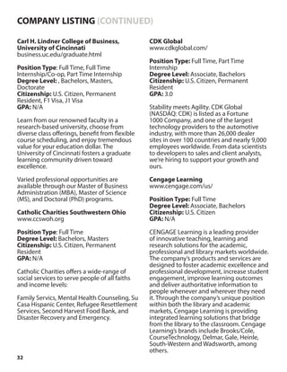 32
Carl H. Lindner College of Business,
University of Cincinnati
business.uc.edu/graduate.html
Position Type: Full Time, Full Time
Internship/Co-op, Part Time Internship
Degree Level: , Bachelors, Masters,
Doctorate
Citizenship: U.S. Citizen, Permanent
Resident, F1 Visa, J1 Visa
GPA: N/A
Learn from our renowned faculty in a
research-based university, choose from
diverse class offerings, benefit from flexible
course scheduling, and enjoy tremendous
value for your education dollar. The
University of Cincinnati fosters a graduate
learning community driven toward
excellence.
Varied professional opportunities are
available through our Master of Business
Administration (MBA), Master of Science
(MS), and Doctoral (PhD) programs.
Catholic Charities Southwestern Ohio
www.ccswoh.org
Position Type: Full Time
Degree Level: Bachelors, Masters
Citizenship: U.S. Citizen, Permanent
Resident
GPA: N/A
Catholic Charities offers a wide-range of
social services to serve people of all faiths
and income levels:
Family Servics, Mental Health Counseling, Su
Casa Hispanic Center, Refugee Resettlement
Services, Second Harvest Food Bank, and
Disaster Recovery and Emergency.
CDK Global
www.cdkglobal.com/
Position Type: Full Time, Part Time
Internship
Degree Level: Associate, Bachelors
Citizenship: U.S. Citizen, Permanent
Resident
GPA: 3.0
Stability meets Agility. CDK Global
(NASDAQ: CDK) is listed as a Fortune
1000 Company, and one of the largest
technology providers to the automotive
industry, with more than 26,000 dealer
sites in over 100 countries and nearly 9,000
employees worldwide. From data scientists
to developers to sales and client analysts,
we’re hiring to support your growth and
ours.
Cengage Learning
www.cengage.com/us/
Position Type: Full Time
Degree Level: Associate, Bachelors
Citizenship: U.S. Citizen
GPA: N/A
CENGAGE Learning is a leading provider
of innovative teaching, learning and
research solutions for the academic,
professional and library markets worldwide.
The company’s products and services are
designed to foster academic excellence and
professional development, increase student
engagement, improve learning outcomes
and deliver authoritative information to
people whenever and wherever they need
it. Through the company’s unique position
within both the library and academic
markets, Cengage Learning is providing
integrated learning solutions that bridge
from the library to the classroom. Cengage
Learning’s brands include Brooks/Cole,
CourseTechnology, Delmar, Gale, Heinle,
South-Western and Wadsworth, among
others.
COMPANY LISTING (CONTINUED)
 