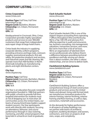 34
Cintas Corporation
www.Cintas.com
Position Type: Full Time, Full Time
Internship/Co-op,
Degree Level: Bachelors, Masters
Citizenship: U.S. Citizen, Permanent
Resident
GPA: 3.0
Headquartered in Cincinnati, Ohio, Cintas
Corporation provides highly specialized
products and services to over 900,000
customers that range from independent
auto repair shops to large hotel chains.
Cintas leads the industry in supplying
corporate identity uniform programs,
providing entrance and logo mats, restroom
supplies, promotional products, first aid,
safety, fire protection products and services,
and industrial carpet and tile cleaning. We
operate more than 400 facilities in North
America& including six manufacturing
plants and eight distribution centers.
City Year
www.cityyear.org
Position Type: Full Time
Degree Level: Associate, Bachelors, Masters
Citizenship: U.S. Citizen, Permanent
Resident
GPA: N/A
City Year is an education-focused, nonprofit
organization founded in 1988 that partners
with public schools to provide full-time
targeted intervention for students most
at risk of dropping out. In more than 28
communities across the United States, our
teams of young AmeriCorps leaders support
student success. City Year participants
work with directly with students, focusing
on attendance, behavior, and course
performance through in-class tutoring,
mentoring, and after school programs that
keep kids in school & on track to graduate.
Clark Schaefer Hackett
www.cshco.com
Position Type: Full Time, Full Time
Internship/Co-op
Degree Level: Bachelors, Masters
Citizenship: U.S. Citizen
GPA: 3.0
Clark Schaefer Hackett CPAs is one of the
region’s largest accounting firms operating
7 offices throughout Ohio and Kentucky.
We’re a Top 100 CPA and advisory firm
offering expertise in audit and assurance,
tax, business consulting, risk management,
valuations, transaction services, and more.
But we’re more than a list of services.
We’re an organization of talented client
service professionals who believe there’s
a difference between providing technical
excellence and fully serving our clients.
One is about numbers, the other is about
relationships, and we strive to deliver both.
ClarkDietrich Building Systems
www.clarkdietrich.com
Position Type: Full Time
Degree Level: Bachelors
Citizenship: U.S. Citizen, Permanent
Resident
GPA: 3.0
ClarkDietrich Building Systems offers a
comprehensive lineup of steel construction
products and services across the United
States and abroad. Using cold-formed steel,
we manufacture innovative products for
interior framing, interior finishing, exterior
framing and floor framing, as well as clips,
connectors, metal lath and accessories.
As the demands for higher performance
in all aspects of today buildings rise,
we partner with teams of architects,
engineers, building developers and owners,
contractors, and more on projects of all
sizes, scope, and complexity.
COMPANY LISTING (CONTINUED)
 