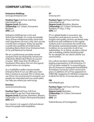 40
Enterprise Holdings
www.go.enterprise.com
Position Type: Full Time, Full Time
Internship/Co-op
Degree Level: Bachelors
Citizenship: U.S. Citizen, Permanent
Resident
GPA: 2.25
Enterprise Holdings has a rich and
distinctive heritage. It’s a truly remarkable
story of how entrepreneurship, hard work
and a big dream can turn a tiny start-up into
a world-class company. Today we operate
a world-class portfolio of rental brands
including Alamo Rent A Car, Enterprise Rent-
A-Car and National Car Rental.
We are a professional, privately-owned
company that was frequently named one
of Business Week’s Best Places to Launch
a Career. With more than 90 offices in
Southwest Ohio alone, this isn’t the typical
airport rent-a-car company.
As a multibillion-dollar industry leader,
Enterprise Rent-A-Car can offer you more
than a chance to succeed. This is where you
can thrive. Our environment’s energetic, our
people are motivated and our career paths
can take you where you want to go.
Envision
www.envisionohio.org
Position Type: Full Time, Full Time
Internship/Co-op, Part Time Internship
Degree Level: Associate, Bachelors, Masters,
Citizenship: U.S. Citizen, Permanent Resident
GPA: N/A
Our mission is to support a full and vibrant
future for people with disabilities.
EY
www.ey.com
Position Type: Full Time, Full Time
Internship/Co-op
Degree Level: Bachelors, Masters
Citizenship: U.S. Citizen, Permanent
Resident, F1 Visa, J1 Visa
GPA: 3.2
EY is a global leader in assurance, tax,
transaction and advisory services. The
insights and quality services we deliver help
build trust and confidence in the capital
markets and in economies the world over.
We develop outstanding leaders who team
to deliver on our promises to all of our
stakeholders. In so doing, we play a critical
role in building a better working world
for our people, for our clients and for our
communities.
Our culture has been recognized by the
leading organizations in the Americas. EY
LLP has been ranked #1 in accounting on
the US Universum Undergrad Overall IDEAL
& Employer Survey for seven consecutive
years. In addition, EY LLP has appeared on
FORTUNE magazine’s & 100 Best Companies
to Work For list for 16 consecutive years.
FBI
www.fbijobs.gov
Position Type: Full Time, Full Time
Internship/Co-op
Degree Level: Bachelors
Citizenship: U.S. Citizen, Permanent
Resident
GPA: 3.0
Federal Bureau of Investigation.
COMPANY LISTING (CONTINUED)
 