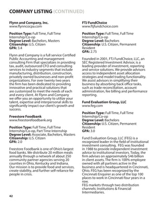 42
Flynn and Company, Inc.
www.flynncocpa.com
Position Type: Full Time, Full Time
Internship/Co-op
Degree Level: Bachelors, Masters
Citizenship: U.S. Citizen
GPA: 3.4
Flynn and Company is a full service Certified
Public Accounting and management
consulting Firm that specializes in providing
tax, audit, outsourced CFO and consulting
services to industry segments that include
manufacturing, distribution, construction,
privately owned businesses and non-profit
organizations. For over twenty two years
the firm has been dedicated to providing
innovative and practical solutions that
are customized to meet the needs of each
and every client. At Flynn and Company
we offer you an opportunity to utilize your
talent, expertise and interpersonal skills to
significantly impact our client’s growth and
success.
Freestore Foodbank
www.freestorefoodbank.org
Position Type: Full Time, Full Time
Internship/Co-op, Part Time Internship
Degree Level: Associate, Bachelors, Masters
Citizenship: U.S. Citizen
GPA: 2.0
Freestore Foodbank is one of Ohio’s largest
food banks. We distribute 20 million meals
annually through a network of about 250
community partner agencies serving 20
counties in Ohio, Kentucky and Indiana.
Our mission is to provide food and services,
create stability, and further self-reliance for
people in crisis.
FTJ FundChoice
www.ftjfundchoice.com
Position Type: Full Time, Full Time
Internship/Co-op
Degree Level: Bachelors
Citizenship: U.S. Citizen, Permanent
Resident
GPA: 2.75
Founded in 2001, FTJ FundChoice, LLC, an
SEC Registered Investment Advisor, is a
leading provider of investment, reporting
and service solutions. We provide advisors
access to independent asset allocation
strategies and model trading functionality.
We assist advisors in simplifying their
business by absorbing back office tasks,
such as trade reconciliation, account
administration, fee billing and performance
reporting.
Fund Evaluation Group, LLC
www.feg.com
Position Type: Full Time, Full Time
Internship/Co-op
Degree Level: Bachelors
Citizenship: U.S. Citizen, Permanent
Resident
GPA: 3.0
Fund Evaluation Group, LLC (FEG) is a
recognized leader in the field of institutional
investment consulting. FEG was founded
in 1988 to provide independent investment
advice to institutional investors. Today, the
firm advises on approximately $46 billion
in client assets. The firm is 100% employee
owned with all partners active in the
business and is headquartered in Cincinnati,
Ohio. FEG has been recognized by the
Cincinnati Enquirer as one of the top 100
places to work in Cincinnati four years in a
row.
FEG markets through two distribution
channels: Institutions & Financial
Intermediaries.
COMPANY LISTING (CONTINUED)
 