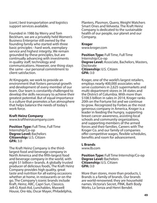 49
(cont.) best transportation and logistics
support services available.
Founded in 1986 by Merry and Tom
Beckham, we are a privately held Women’s
Business Enterprise still owned by the
founding family who started with three
basic principles - hard work, exemplary
service and highest integrity. We remain
grounded by these principles, but are
continually advancing with investments
in quality staff, technology and
communications. However, one thing stays
the same - our personal commitment to
client satisfaction.
At Kingsgate, we work to provide an
environment that fosters personal growth
and development of every member of our
team. Our team is constantly challenged to
develop the skills necessary to achieve their
greatest potential. But of equal importance
is a culture that promotes a fun atmosphere
that helps balance the needs of today’s
work force.
Kraft Heinz Company
www.kraftheinzcompany.com
Position Type: Full TIme, Full Time
Internship/Co-op
Degree Level: Bachelors
Citizenship: U.S. Citizen
GPA: 3.0
The Kraft Heinz Company is the third-
largest food and beverage company in
North America and the fifth-largest food
and beverage company in the world, with
eight $1 billion+ brands. A globally trusted
producer of delicious foods, The Kraft Heinz
Company provides high quality, great
taste and nutrition for all eating occasions
whether at home, in restaurants or on the
go. The Company’s iconic brands include
Kraft, Heinz, ABC, Capri Sun, Classico,
Jell-O, Kool-Aid, Lunchables, Maxwell
House, Ore-Ida, Oscar Mayer, Philadelphia,
Planters, Plasmon, Quero, Weight Watchers
Smart Ones and Velveeta. The Kraft Heinz
Company is dedicated to the sustainable
health of our people, our planet and our
Company.
Kroger
www.kroger.com
Position Type: Full Time, Full Time
Internship/Co-op
Degree Level: Associate, Bachelors, Masters,
Doctorate
Citizenship: U.S. Citizen
GPA: 3.0
Kroger, one of the world’s largest retailers,
employs nearly 400,000 associates who
serve customers in 2,625 supermarkets and
multi-department stores in 34 states and
the District of Columbia. With more than
$108.5 billion in sales in 2014, Kroger ranks
20th on the Fortune list and we continue
to grow. Recognized by Forbes as the most
generous company in America, Kroger is a
leader in feeding the hungry, supporting
breast cancer awareness, assisting local
schools and community organizations,
and supporting members of the armed
forces and their families. Careers with The
Kroger Co. and our family of companies
offer competitive wages, flexible schedules,
benefits and room for advancement.
L Brands
www.lb.com
Position Type: Full Time Internship/Co-op
Degree Level: Bachelors
Citizenship: U.S. Citizen
GPA: 3.0
More than stores, more than products, L
Brands is a family of brands. Our brands
are world-renowned; they are household
names. Victoria’s Secret, PINK, Bath Body
Works, La Senza and Henri Bendel.
 