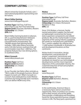54
(Miami University Graduate School, cont. )
international population representing over
60 nations.
Miami Valley Gaming
www.miamivalleygaming.com
Position Type: Full Time, Full Time
Internship/Co-op, Part Time Internship
Degree Level: Associate, Bachelors, Masters
Citizenship: U.S. Citizen
GPA: N/A
Miami Valley Gaming located in Lebanon,
OH, is a partnership between Delaware
North Gaming & Entertainment and
Churchill Downs Incorporated. The
186,000-square-foot gaming facility
includes 1,600 video lottery terminals
and a 5/8-mile harness racetrack that will
accommodate more than 1,000 fans. The
property features four new dining options
in southwest Ohio.
Mike’s Carwash
www.mikescarwash.com
Position Type: Full Time
Degree Level: Bachelors
Citizenship: U.S. Citizen
GPA: N/A
As our Founder Joe Dahm often reminds us,
“We’re really in the people business. We just
happen to wash cars”. Mike’s Carwash is a
carwash chain dedicated to create lifetime
customers by hiring friendly team members
who can deliver WOW every time.
Mubea
www.mubea.com
Position Type: Full Time, Full Time
Internship/Co-op
Degree Level: Associate, Bachelors, Masters
Citizenship: U.S. Citizen, Permanent
Resident, F1 Visa
GPA: 3.0
Since 1916 Mubea, a German, family-
owned automotive supplier, has focused
on lightweight construction for heavy-
duty suspension components and related
products. We are the market leader in many
segments of the spring industry supplying
the world car manufacturers and leading
Tier 1 system suppliers by utilizing over
11,000 workers worldwide in 28 production
and development locations on four
continents.
Mubea leads in innovation, design,
development, and production of
engine, suspension, transmission and
body components. Our international
standards are based on our technological
developments and the most important
objectives of the automobile industry: the
sustained reduction of fuel consumption
and emission levels.
NAVY
www.Navy.com
Position Type: Full Time
Degree Level: Bachelors, Masters,
Doctorate
Citizenship: U.S. Citizen
GPA: 2.5
In the world today, America’s Navy is
a necessary force and an uncommon
opportunity. There, to protect our country
and to deter threats around the globe.
They provide a challenging and rewarding
future for those aspiring to pursue a bigger
mission in life. The Navy puts a premium on
COMPANY LISTING (CONTINUED)
 