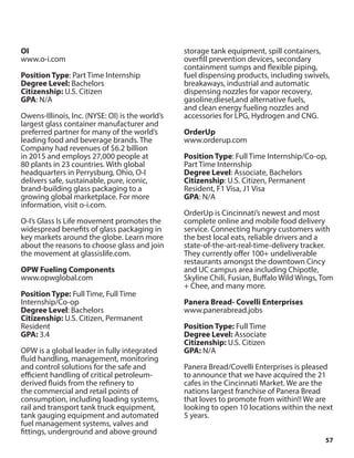 57
OI
www.o-i.com
Position Type: Part Time Internship
Degree Level: Bachelors
Citizenship: U.S. Citizen
GPA: N/A
Owens-Illinois, Inc. (NYSE: OI) is the world’s
largest glass container manufacturer and
preferred partner for many of the world’s
leading food and beverage brands. The
Company had revenues of $6.2 billion
in 2015 and employs 27,000 people at
80 plants in 23 countries. With global
headquarters in Perrysburg, Ohio, O-I
delivers safe, sustainable, pure, iconic,
brand-building glass packaging to a
growing global marketplace. For more
information, visit o-i.com.
O-I’s Glass Is Life movement promotes the
widespread benefits of glass packaging in
key markets around the globe. Learn more
about the reasons to choose glass and join
the movement at glassislife.com.
OPW Fueling Components
www.opwglobal.com
Position Type: Full Time, Full Time
Internship/Co-op
Degree Level: Bachelors
Citizenship: U.S. Citizen, Permanent
Resident
GPA: 3.4
OPW is a global leader in fully integrated
fluid handling, management, monitoring
and control solutions for the safe and
efficient handling of critical petroleum-
derived fluids from the refinery to
the commercial and retail points of
consumption, including loading systems,
rail and transport tank truck equipment,
tank gauging equipment and automated
fuel management systems, valves and
fittings, underground and above ground
storage tank equipment, spill containers,
overfill prevention devices, secondary
containment sumps and flexible piping,
fuel dispensing products, including swivels,
breakaways, industrial and automatic
dispensing nozzles for vapor recovery,
gasoline,diesel,and alternative fuels,
and clean energy fueling nozzles and
accessories for LPG, Hydrogen and CNG.
OrderUp
www.orderup.com
Position Type: Full Time Internship/Co-op,
Part Time Internship
Degree Level: Associate, Bachelors
Citizenship: U.S. Citizen, Permanent
Resident, F1 Visa, J1 Visa
GPA: N/A
OrderUp is Cincinnati’s newest and most
complete online and mobile food delivery
service. Connecting hungry customers with
the best local eats, reliable drivers and a
state-of-the-art-real-time-delivery tracker.
They currently offer 100+ undeliverable
restaurants amongst the downtown Cincy
and UC campus area including Chipotle,
Skyline Chili, Fusian, Buffalo Wild Wings, Tom
+ Chee, and many more.
Panera Bread- Covelli Enterprises
www.panerabread.jobs
Position Type: Full Time
Degree Level: Associate
Citizenship: U.S. Citizen
GPA: N/A
Panera Bread/Covelli Enterprises is pleased
to announce that we have acquired the 21
cafes in the Cincinnati Market. We are the
nations largest franchise of Panera Bread
that loves to promote from within!! We are
looking to open 10 locations within the next
5 years.
 