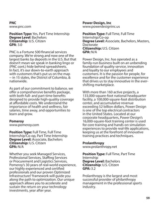 59
PNC
www.pnc.com
Position Type: Yes, Part Time Internship
Degree Level: Bachelors
Citizenship: U.S. Citizen
GPA: 3.0
PNC is a Fortune 500 financial services
company. We’re strong and now one of the
largest banks by deposits in the U.S. But that
doesn’t mean we speak in banking lingo or
(PNC cont.) hide behind spreadsheets.
In fact, it’s our down-to-earth approach
with customers that’s put us on the map
-- in 15 states, the District of Columbia, &
nationwide.
As part of our commitment to balance, we
offer a comprehensive benefits package,
with both full- and part-time benefits
designed to provide high-quality coverage
at affordable costs. We understand the
importance of health and wellness, fair
salaries, time away, and opportunities to
learn and grow.
Pomeroy
www.pomeroy.com
Position Type: Full Time, Full Time
Internship/Co-op, Part Time Internship
Degree Level: Associate, Bachelors
Citizenship: U.S. Citizen
GPA: N/A
Whether you seek Managed Services,
Professional Services, Staffing Services
or Procurement and Logistics Services,
Pomeroy’s 30 years of real-world experience,
our highly experienced and certified
professionals and our proven Optimized
Infrastructure? framework will guide you
along the path to optimization. Our unique
approach allows you to accelerate and
sustain the return on your technology
investments, year after year.
Power Design, Inc
www.powerdesigninc.us
Position Type: Full Time, Full Time
Internship/Co-op
Degree Level: Associate, Bachelors, Masters,
Doctorate
Citizenship: U.S. Citizen
GPA: N/A
Power Design, Inc. has operated as a
family-run business built on an unbending
foundation of quality service, innovation
and loyalty to our employees and
customers. It is the passion for people, for
excellence and for the customer experience
that drives us to stay innovative in the ever-
shifting marketplace.
With more than 160 active projects, a
133,000-square-foot national headquarter
facility, a 100,000-square-foot distribution
center, and accumulative revenue
exceeding $2 billion dollars, Power Design
is one of the top electrical contractors
in the United States. Located at our
corporate headquarters, Power Design’s
16,000-square-foot training center is used
for core training and hands-on simulation
experiences to provide real-life applications,
keeping us at the forefront of innovative
training practices and techniques.
Prolanthropy
www.prolanthropy.net
Position Type: Full Time, Part Time
Internship
Degree Level: Bachelors
Citizenship: U.S. Citizen
GPA: 3.2
Prolanthropy is the largest and most
successful provider of philanthropy
management in the professional sports
industry.
 
