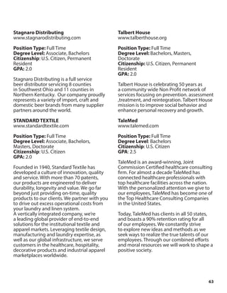 63
Stagnaro Distributing
www.stagnarodistributing.com
Position Type: Full Time
Degree Level: Associate, Bachelors
Citizenship: U.S. Citizen, Permanent
Resident
GPA: 2.0
Stagnaro Distributing is a full service
beer distributor servicing 8 counties
in Southwest Ohio and 11 counties in
Northern Kentucky. Our company proudly
represents a variety of import, craft and
domestic beer brands from many supplier
partners around the world.
STANDARD TEXTILE
www.standardtextile.com
Position Type: Full Time
Degree Level: Associate, Bachelors,
Masters, Doctorate
Citizenship: U.S. Citizen
GPA: 2.0
Founded in 1940, Standard Textile has
developed a culture of innovation, quality
and service. With more than 70 patents,
our products are engineered to deliver
durability, longevity and value. We go far
beyond just providing on-time, quality
products to our clients. We partner with you
to drive out excess operational costs from
your laundry and linen system.
A vertically integrated company, we’re
a leading global provider of end-to-end
solutions for the institutional textile and
apparel markets. Leveraging textile design,
manufacturing and laundry expertise, as
well as our global infrastructure, we serve
customers in the healthcare, hospitality,
decorative products and industrial apparel
marketplaces worldwide.
Talbert House
www.talberthouse.org
Position Type: Full Time
Degree Level: Bachelors, Masters,
Doctorate
Citizenship: U.S. Citizen, Permanent
Resident
GPA: 2.0
Talbert House is celebrating 50 years as
a community wide Non Profit network of
services focusing on prevention. assessment
,treatment, and reintegration. Talbert House
mission is to improve social behavior and
enhance personal recovery and growth.
TaleMed
www.talemed.com
Position Type: Full Time
Degree Level: Bachelors
Citizenship: U.S. Citizen
GPA: 2.5
TaleMed is an award-winning, Joint
Commission Certified healthcare consulting
firm. For almost a decade TaleMed has
connected healthcare professionals with
top healthcare facilities across the nation.
With the personalized attention we give to
our employees, TaleMed has become one of
the Top Healthcare Consulting Companies
in the United States.
Today, TaleMed has clients in all 50 states,
and boasts a 90% retention rating for all
of our employees. We constantly strive
to explore new ideas and methods as we
seek ways to realize the true talents of our
employees. Through our combined efforts
and moral resources we will work to shape a
positive society.
 