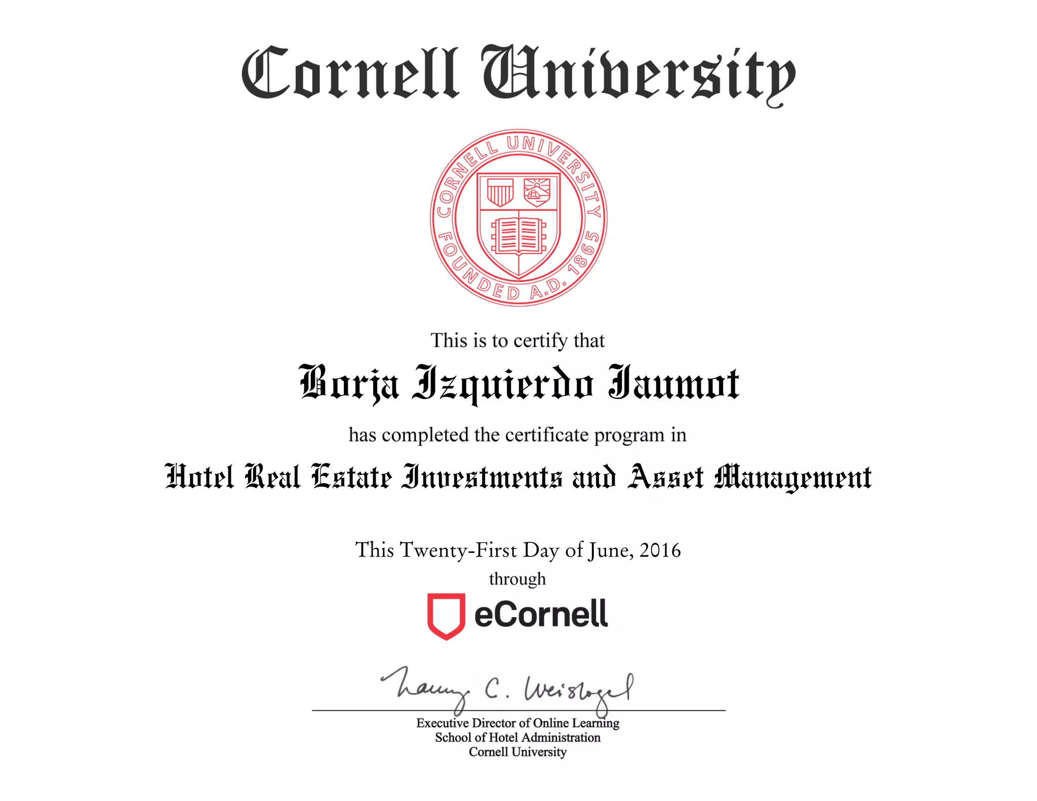 Certificate Hotel Real Estate Investment and Asset Management PPT