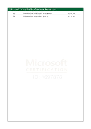 073 Implementing and Supporting NT™ 4.0 Workstation Nov 16, 1999
067 Implementing and Supporting NT™ Server 4.0 Oct 27, 1999
 
