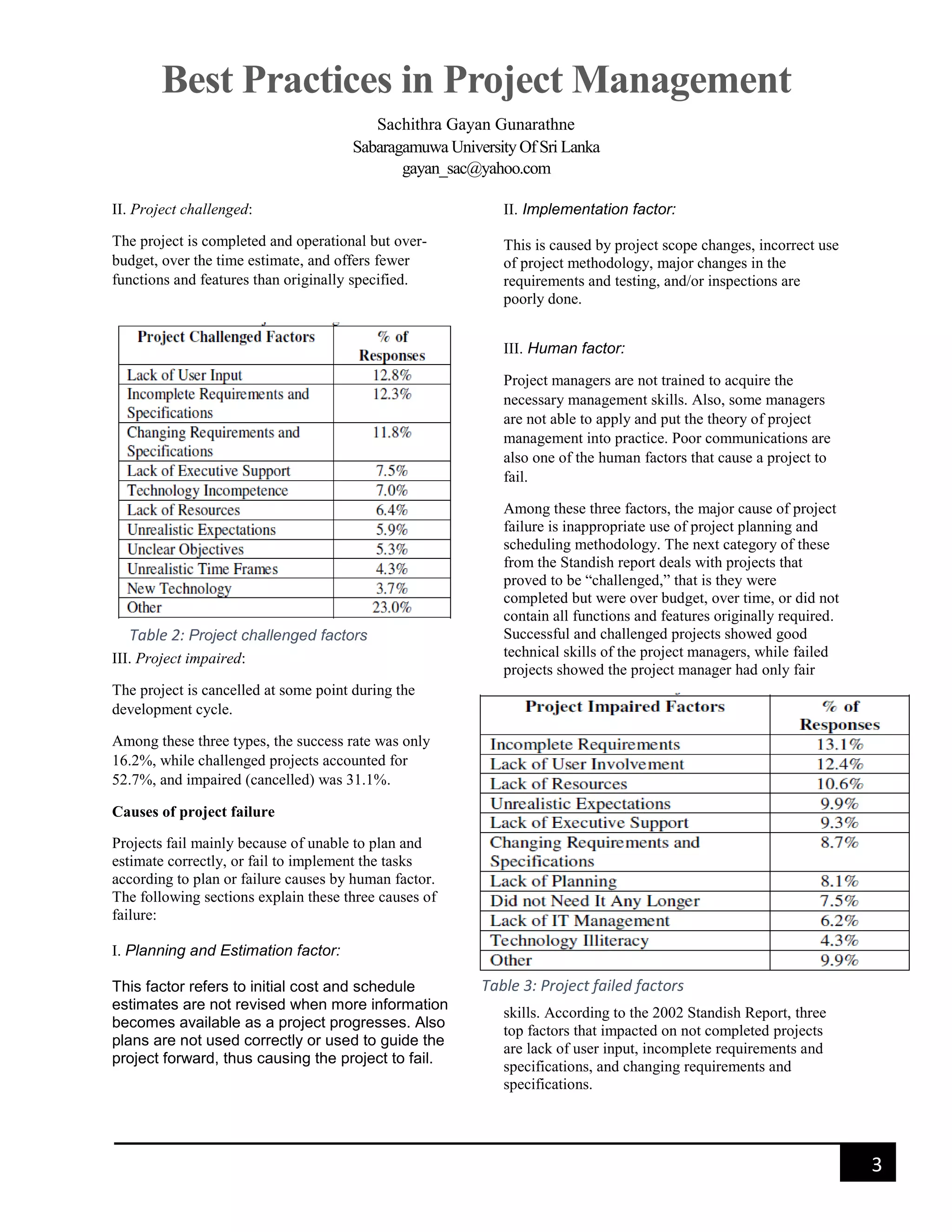Best Practices in Project Management
Sachithra Gayan Gunarathne
Sabaragamuwa University Of Sri Lanka
gayan_sac@yahoo.com
3
II. Project challenged:
The project is completed and operational but over-
budget, over the time estimate, and offers fewer
functions and features than originally specified.
III. Project impaired:
The project is cancelled at some point during the
development cycle.
Among these three types, the success rate was only
16.2%, while challenged projects accounted for
52.7%, and impaired (cancelled) was 31.1%.
Causes of project failure
Projects fail mainly because of unable to plan and
estimate correctly, or fail to implement the tasks
according to plan or failure causes by human factor.
The following sections explain these three causes of
failure:
I. Planning and Estimation factor:
This factor refers to initial cost and schedule
estimates are not revised when more information
becomes available as a project progresses. Also
plans are not used correctly or used to guide the
project forward, thus causing the project to fail.
II. Implementation factor:
This is caused by project scope changes, incorrect use
of project methodology, major changes in the
requirements and testing, and/or inspections are
poorly done.
III. Human factor:
Project managers are not trained to acquire the
necessary management skills. Also, some managers
are not able to apply and put the theory of project
management into practice. Poor communications are
also one of the human factors that cause a project to
fail.
Among these three factors, the major cause of project
failure is inappropriate use of project planning and
scheduling methodology. The next category of these
from the Standish report deals with projects that
proved to be “challenged,” that is they were
completed but were over budget, over time, or did not
contain all functions and features originally required.
Successful and challenged projects showed good
technical skills of the project managers, while failed
projects showed the project manager had only fair
skills. According to the 2002 Standish Report, three
top factors that impacted on not completed projects
are lack of user input, incomplete requirements and
specifications, and changing requirements and
specifications.
Table 2: Project challenged factors
Table 3: Project failed factors
 