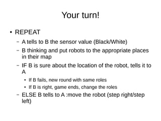 Your turn!
● REPEAT
– A tells to B the sensor value (Black/White)
– B thinking and put robots to the appropriate places
in their map
– IF B is sure about the location of the robot, tells it to
A
● If B fails, new round with same roles
● If B is right, game ends, change the roles
– ELSE B tells to A :move the robot (step right/step
left)
 