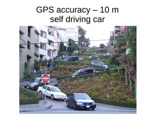 GPS accuracy – 10 m
self driving car
 