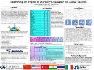 Examining the Impact of Disability Legislation on Global Tourism
Drexel University, Marketing Department
Elizabeth Savage, Mentored by Dr. Rolph Anderson
Acknowledgements
References
Abstract!
Methods!
Data/Results Conclusion
Future Work
Domestic and global tourism provide a substantial impact on the economies of most
countries that recognize the beneﬁts of welcoming out-of-town visitors. An aspect of
tourism that’s often overlooked is the accessibility of the destination for disabled
travelers, including vital accessibility information necessary for decision making for this
market segment. It is estimated that 15-20% of the world’s population has a disability,
and proﬁts generated from disabled tourists could be multiplied because this segment
commonly travels with a larger group of people than non-disabled tourists. A list of the
top 100 vacation destinations representing 49 countries based upon the number of
international visitors was examined for this study. Speciﬁcally, we sought to link the
existence or absence of disability legislation to the availability of accessibility
information on the ofﬁcial visitor’s websites for each of the 100 destinations. We then
tested the accessibility of these websites in terms of their conformance with online
accessibility guidelines from the World Wide Web Consortia using the Sort-Site
evaluation tool. Disabled tourists require information regarding accessibility in order to
make travel decisions, and this information is a key component to ensuring a favorable
experience. Destinations could realize greater proﬁtability from these travelers, but it
begins with the accessibility within the preliminary information gathering process.	

I would like to give a special thank you to Alex Cohen, who was an amazing mentor
for me throughout my work and was always encouraging. I would also like to thank
Jorge Fresnda who was always willing to help with research and formatting issues.
Another thank you to Dr. Rolph Anderson, who helped get me started on this project
and who was always smiling. Finally, a thank you to the Ofﬁce of Undergraduate
Research at Drexel University, who gave me the opportunity to expand my horizons
and work hands on. 	

The data collection process began with discussion and some initial research in order to determine
which elements were important to consider in regards to tourism and accessibility information.
After the list of 100 most visited cities was reviewed, several different categories were deemed
useful to this project. These categories included: 	

•  city population	

•  disabled population of city	

•  percentage of city population composed of persons with disabilities (PWD)	

•  percentage of country’s PWD living in that city	

•  annual number of international visitors per year,	

•  percent change in international visitors (between 2012 and 2013)	

•  number of international tourists per year	

•  revenue from international visitors	

•  total revenue from all tourism	

•  average revenue per tourist	

•  number of hotel rooms in the city	

•  hotel occupancy rates 	

•  and revenue per available hotel room.	

For each of the cities, the ofﬁcial tourism website was visited and checked for accessibility
information, which was then recorded and the website was scanned using the Sort-Site evaluation
tool for accessibility according to the accessibility guidelines set by the World Wide Web
Consortium. Next, a major attraction’s website for each city was analyzed and scanned using the
same method. 	

	

This project will hopefully be used one day to amend current or create new
legislation that will aid in the accessibility of our country’s cities. While no
deﬁnite conclusions have been determined yet, it is hopeful that this data will
show the relationship between clear, well-enforced disability and accessibility
legislation and a city or country’s revenue from tourism receipts. The next step
in this research project will be to create a survey that will ask persons with
disabilities to explain a situation when they had an enjoyable travel experience
and other situation when they had a bad travel experience. This data will then be
analyzed using data mining and text analysis tools to determine what problems
seem to be recurrent and what attributes to a positive travel experience for a
person with a disability. Once the accessibility issues are pinpointed, this study
will move forward with a goal to improve our cities accessibility and in turn,
increase tourism receipts generated from persons with disabilities and the larger-
than-average groups that they travel with. 	

Analyzing the data revealed that of the 100 cities researched in this study, only
27 offered any accessibility information at all. Examples of information that can
be found on accessibility information pages includes material regarding
disability-friendly attractions, how to use public transportation with a disability,
and hotels that provide special amenities for persons with disabilities. Despite
the positive ﬁnancial and social outcomes of providing this information, this
study found that 73% of the world’s most visited cities failed to provide it.
Continuation of this project will look to prove that this negligence has an impact
on a city’s proﬁtability as a tourist destination. 	

Table 1: Online
Accessibility Errors"
According to the World Wide Web Consortia
accessibility guidelines, there are three tiers of
accessibility violations: A, AA, and AAA.
Criteria deemed level “A” is considered essential
in order for a website to be accessible. Standards
deemed “AA” are considered very important to
usability of a site and “AAA” criteria are
elements of a web page that add pleasure to the
experience, but aren’t necessarily essential for
one to access the site. The table to the left shows
the results of the scans ran on different cities’
ofﬁcial tourism site using a Sort-Site evaluation
tool. As depicted, every website has violations in
each tier, making the website inaccessible to
persons with disabilities who use screen readers.
Failure to meet these guidelines is failure to
communicate online with disabled tourists and
therefore depletes the possible revenue a city
may see. 	

	

Table 2: Most Visited Cities Tourism Data"
Of the 100 total cities researched, the above table shows results of the top 7 cities on the list and the data found about
them, which represents their success as popular tourist destinations. 	

Table 3: Most Visited Countries Tourism Data	

Of the total forty nine countries that were studied, the table above shows the data collected for the top ten countries that
appeared most frequently on the list of most visited cities. As seen in the table, every country that has seen success from
tourism also has at least one piece of disability legislation that deals speciﬁcally with accessibility. 	

	

Buhalis, Dimitrios, and Simon Darcy, eds. Accessible Tourism: Concepts and
Issues. Bristol: Channel View, 2011. Print.	

Aspects of Tourism.	

Daruwalla, P. and S. Darcy (2005), "Personal and societal attitudes to disability,"
	

Annals of Tourism Research, 32 (3), 549-70.	

Morad, T. (2007), "Tourism and disability. A review of cost-effectiveness,"
	

International Journal on Disability and Human 	

Development, 6 (3),
	

279-82.	

Top 100 City Destinations Ranking. Euromonitor International.	

Euromonitor. 27
	

January 2015. Web. 24 June 2015. 	

	

Some information was not readily available as disability and tourism research is still a fairly new
ﬁeld. Over ﬁfty different sources, including ofﬁcial tourism website, disability tourism sites, and
professionals in the accessible tourism ﬁeld, were contacted in order to try to obtain estimates on
the number of disabled travelers that visit each city each year, but the data was not available. 	

	

After analyzing each city, we researched each country mentioned on the list to determine if the
countries’ legislations had an impact on a their cities’ accessibility. The list of 100 cities
represented 49 different countries. We determined that for each country, important factors to
research were: 	

•  disabled population, 	

•  international tourist receipts per year,	

•  percent of Gross Domestic Product (GDP) composed of direct tourism revenue, 	

•  disability legislation(s)	

•  and any legislation dealing speciﬁcally with accessibility for persons with disabilities. 	

 	

	

 