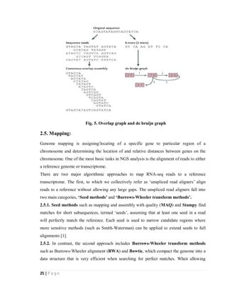 25 | P a g e
Fig. 5. Overlap graph and de bruijn graph
2.5. Mapping:
Genome mapping is assigning/locating of a specific gene to particular region of a
chromosome and determining the location of and relative distances between genes on the
chromosome. One of the most basic tasks in NGS analysis is the alignment of reads to either
a reference genome or transcriptome.
There are two major algorithmic approaches to map RNA-seq reads to a reference
transcriptome. The first, to which we collectively refer as ‘unspliced read aligners’ align
reads to a reference without allowing any large gaps. The unspliced read aligners fall into
two main categories, ‘Seed methods’ and ‘Burrows-Wheeler transform methods’.
2.5.1. Seed methods such as mapping and assembly with quality (MAQ) and Stampy find
matches for short subsequences, termed ‘seeds’, assuming that at least one seed in a read
will perfectly match the reference. Each seed is used to narrow candidate regions where
more sensitive methods (such as Smith-Waterman) can be applied to extend seeds to full
alignments [1].
2.5.2. In contrast, the second approach includes Burrows-Wheeler transform methods
such as Burrows-Wheeler alignment (BWA) and Bowtie, which compact the genome into a
data structure that is very efficient when searching for perfect matches. When allowing
 