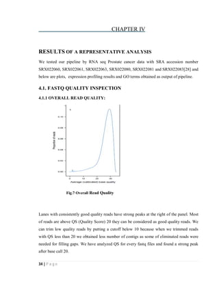 34 | P a g e
CHAPTER IV
RESULTS OF A REPRESENTATIVE ANALYSIS
We tested our pipeline by RNA seq Prostate cancer data with SRA accession number
SRX022060, SRX022061, SRX022063, SRX022080, SRX022081 and SRX022083[28] and
below are plots, expression profiling results and GO terms obtained as output of pipeline.
4.1. FASTQ QUALITY INSPECTION
4.1.1 OVERALL READ QUALITY:
Fig.7 Overall Read Quality
Lanes with consistently good quality reads have strong peaks at the right of the panel. Most
of reads are above QS (Quality Score) 20 they can be considered as good quality reads. We
can trim low quality reads by putting a cutoff below 10 because when we trimmed reads
with QS less than 20 we obtained less number of contigs as some of eliminated reads were
needed for filling gaps. We have analyzed QS for every fastq files and found a strong peak
after base call 20.
 