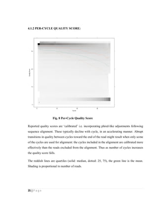 35 | P a g e
4.1.2 PER-CYCLE QUALITY SCORE:
Fig. 8 Per-Cycle Quality Score
Reported quality scores are ‘calibrated’ i.e. incorporating phred-like adjustments following
sequence alignment. These typically decline with cycle, in an accelerating manner. Abrupt
transitions in quality between cycles toward the end of the read might result when only some
of the cycles are used for alignment: the cycles included in the alignment are calibrated more
effectively than the reads excluded from the alignment. Thus as number of cycles increases
the quality score falls.
The reddish lines are quartiles (solid: median, dotted: 25, 75), the green line is the mean.
Shading is proportional to number of reads.
 