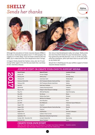 Date Of Event Name Of Event Location Of Event
January 7th Portsea Twilight Portsea
February 4th SMH Sun Run Dee Why-Manly
February 5th Cole Classic Swim Shelley Beach
February 23rd  24th ASX Thompsons Reuters Charity Golf Day Sydney
February 24th ASX Thompsons Reuters Gala Dinner Sydney
April 9th Gold Coast Triathalon Gold Coast
April 8-9th Canberra Running Festival Canberra
May 1st -7th Bridge For Brain Research Challenge National
May 21st SMH Half Marathon Hyde Park Sydney
May 28th Run Noosa Noosa
May 14th Mothers Day Classic Brisbane
May 28th HBF Run For A Reason Perth
June 11th Perth Marathon Perth
July 30th Run Melbourne Federation Square Melbourne
August 13th City2surf Sydney
August 26th ASX Thompsons Reuters Charity Race Day Rosehill
August 27th City2surf Perth
August 27th Pub2Pub Run Dee Why To Newport
September 3rd Canberra Times Fun Run Canberra
September 17th Blackmores Family Running Festival Sydney
October 30th - November 9th Conquer Kokoda Trek New Guinea
November 5th Noosa Triathalon Noosa
09
Although the prevalence of motor neurone disease (MND) in
Australia is relatively low (about one in 11,434 people), the
tragedy of it strikes deep. If you’ve known someone who has
MND, you’ll understand the utter desperation that it brings.
In August Shelly shared her family’s story. Jim, her fit and
strong father aged in his mid-50s was dealt the cruel blow
of this relentless disease.
Her story is heartbreaking but sadly, not unique. Shelly sends
her most heartfelt thanks for your kind donations, saying,
“Your generosity will help discover a cure, or at the very least,
effective treatments, which will mean that no one will suffer
as my father did”.
We join her in thanking you for your selfless support of motor
neurone disease research.
01
CREATE YOUR OWN EVENT
Walk / Run / Swim / Bake / Sky Dive / Run A Morning Tea / Trivia Night / Host A Dinner / Bootsale
Birthday4Charity / Open Your Garden / Memory Lunch / Colour Your Hair / Clothes Swap
Anywhere, anytime
Making
a difference
SHELLY
Sends her thanks
2017
JOIN AN EVENT OR CREATE YOUR OWN TO SUPPORT NEURA
 