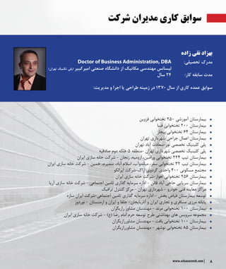 8www.arkanarzesh.com
‫زاده‬ ‫نقی‬ ‫بهزاد‬
Doctor of Business Administration, DBA 	:‫تحصیلی‬ ‫مدرک‬
)‫تهران‬ ‫تکنیک‬ ‫(پلی‬ ‫امیرکبیر‬ ‫صنعتی‬ ‫دانشگاه‬ ‫از‬ ‫مکانیک‬ ‫مهندسی‬ ‫لیسانس‬ 			
‫سال‬ 24 	:‫کار‬ ‫سابقه‬ ‫مدت‬
:‫مدیریت‬ ‫و‬ ‫اجرا‬ ‫یا‬ ‫طراحی‬ ‫زمینه‬ ‫در‬ 1370 ‫سال‬ ‫از‬ ‫کاری‬ ‫عمده‬ ‫سوابق‬
ŠŠ‫قزوین‬ ‫تختخوابی‬ ۲۵۰ ‫آموزشی‬ ‫بیمارستان‬
ŠŠ‫فسا‬ ‫تختخوابی‬ ۲۰۰ ‫بیمارستان‬
ŠŠ‫بیجار‬ ‫تختخوابی‬ ۶۴ ‫بیمارستان‬
ŠŠ‫تهران‬ ‫شهرداری‬ ‫جراحی‬ ‫اعمال‬ ‫بیمارستان‬
ŠŠ‫تهران‬ ‫آباد‬ ‫نور-سعادت‬ ‫تخصصی‬ ‫کلینیک‬ ‫پلی‬
ŠŠ‫صادقیه‬ ‫دوم‬ ‫۵-فلکه‬ ‫-منطقه‬ ‫تهران‬ ‫شهرداری‬ ‫تخصصی‬ ‫کلینیک‬ ‫پلی‬
ŠŠ‫ایران‬ ‫سازی‬ ‫خانه‬ ‫شرکت‬ - ‫زنجان‬ ،‫ارومیه‬ ،‫ورامین‬ ‫تختخوابی‬ ۲۲۴ ‫تیپ‬ ‫بیمارستان‬
ŠŠ‫ایران‬ ‫سازی‬ ‫خانه‬ ‫شرکت‬ - ‫خمین‬ ،‫سمیرم‬ ،‫آباد‬ ‫اسالم‬ ،‫میاندوآب‬ ،‫سقز‬ ‫تختخوابی‬ ۳۲ ‫تیپ‬ ‫بیمارستان‬
ŠŠ‫ایرالکو‬ ‫اراک-شرکت‬ ‫گردوی‬ ‫واحدی‬ ۴۰۰ ‫مسکونی‬ ‫مجتمع‬
ŠŠ‫ایران‬ ‫سازی‬ ‫خانه‬ ‫اهواز-شرکت‬ ‫تختخوابی‬ ۲۵۶ ‫بیمارستان‬
ŠŠ‫آریا‬ ‫سازی‬ ‫خانه‬ ‫شرکت‬ - ‫اجتماعی‬ ‫تامین‬ ‫گذاری‬ ‫سرمایه‬ ‫اداره‬ - ‫قائن‬ ‫آباد‬ ‫حاجی‬ ‫سرپایی‬ ‫بیمارستان‬
ŠŠ‫ترافیک‬ ‫کنترل‬ ‫مرکز‬ - ‫تهران‬ ‫شهرداری‬ - ‫خودرو‬ ‫فنی‬ ‫معاینه‬ ‫مراکز‬
ŠŠ‫سازه‬ ‫ایران‬ ‫اجتماعی-شرکت‬ ‫تامین‬ ‫گذاری‬ ‫سرمایه‬ ‫اداره‬ - ‫بخش‬ ‫فیاض‬ ‫بیمارستان‬ ‫توسعه‬
ŠŠ‫نوردوز‬ - ‫ارمنستان‬ ‫و‬ ‫ایران‬ ‫و‬ ‫جلفا‬ -‫آذربایجان‬ ‫و‬ ‫ایران‬ ‫تجاری‬ ‫و‬ ‫مسافری‬ ‫مرزی‬ ‫پایانه‬
ŠŠ‫رازیگران‬ ‫مشاور‬ ‫مهندسان‬ - ‫مرند‬ ‫تختخوابی‬ ۱۰۰ ‫بیمارستان‬
ŠŠ‫ایران‬ ‫سازی‬ ‫خانه‬ ‫شرکت‬ - )‫(ع‬ ‫رضا‬ ‫امام‬ ‫حرم‬ ‫توسعه‬ ‫طرح‬ ‫بهداشتی‬ ‫های‬ ‫سرویس‬ ‫مجموعه‬
ŠŠ‫مشاوررازیگران‬ ‫مهندسان‬ - ‫بافت‬ ‫تختخوابی‬ ۱۰۰ ‫بیمارستان‬
ŠŠ‫مشاوررازیگران‬ ‫مهندسان‬ - ‫نوشهر‬ ‫تختخوابی‬ ۸۵ ‫بیمارستان‬
‫شرکت‬ ‫مدیران‬ ‫کاری‬ ‫سوابق‬
 