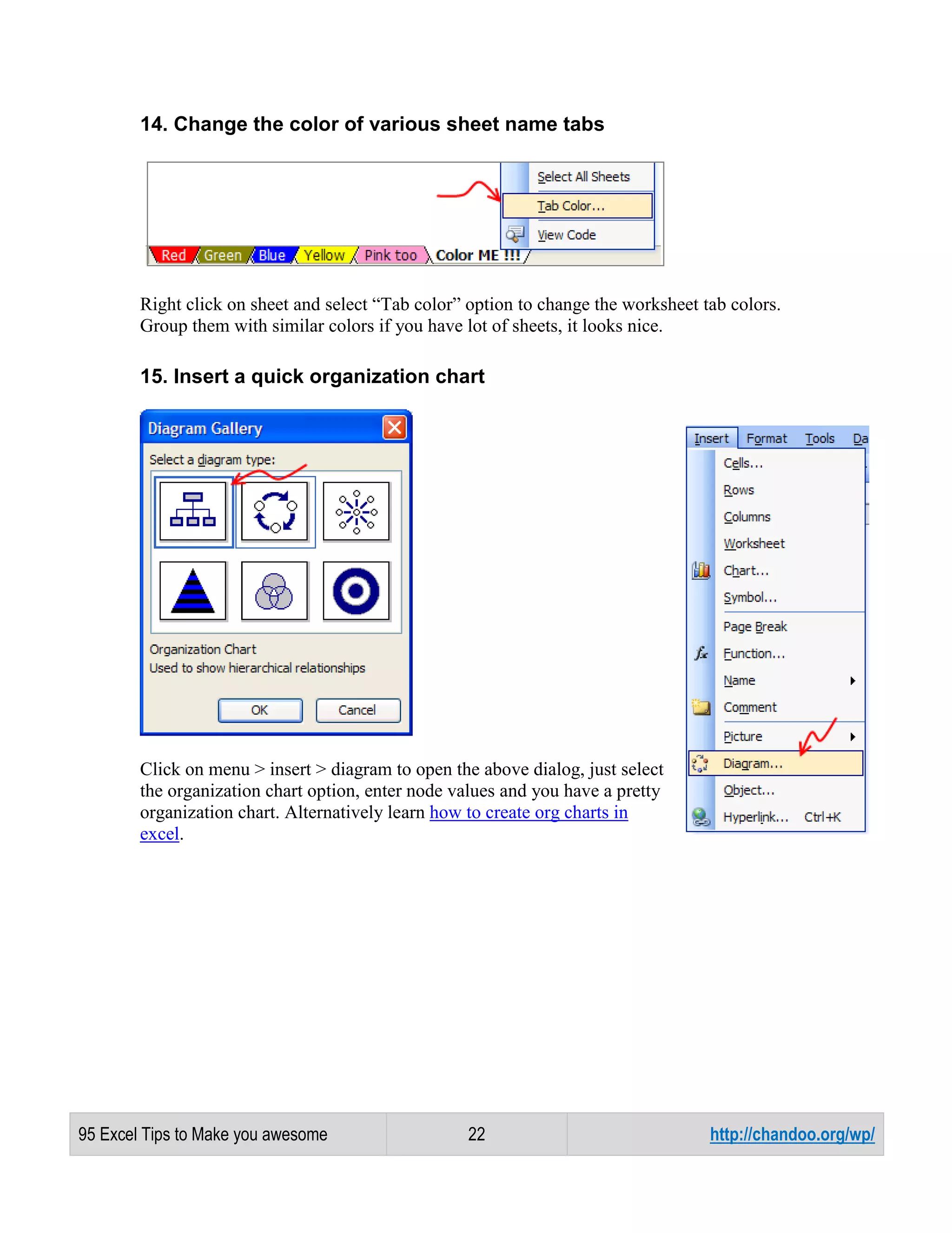 14. Change the color of various sheet name tabs

Right click on sheet and select “Tab color” option to change the worksheet tab colors.
Group them with similar colors if you have lot of sheets, it looks nice.

15. Insert a quick organization chart

Click on menu > insert > diagram to open the above dialog, just select
the organization chart option, enter node values and you have a pretty
organization chart. Alternatively learn how to create org charts in
excel.

95 Excel Tips to Make you awesome

22

http://chandoo.org/wp/

 
