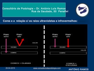 26-04-201526-04-2015 www.consultoriodepodologia.comwww.consultoriodepodologia.com
Consultório de Podologia – Dr. António Luís Ramos
Rua da Saudade, 50 Penafiel
ANTÓNIO RAMOS
Cores e a relação c/ os raios ultravioletas e infravermelhos:
 