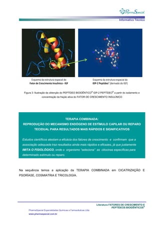 Informativo Técnico
Literatura FATORES DE CRESCIMENTO E
PEPTÍDEOS BIOIDÊNTICOS
®
PharmaSpecial Especialidades Químicas e Farmacêuticas Ltda
www.pharmaspecial.com.br
Figura 3: Ilustração da obtenção do PEPTÍDEO BIOIDÊNTICO
®
IDP-2 PEPTÍDEO
®
a partir do isolamento e
concentração da fração ativa do FATOR DE CRESCIMENTO INSULÍNICO
TERAPIA COMBINADA:
REPRODUÇÃO DO MECANISMO ENDÓGENO DE ESTÍMULO CAPILAR OU REPARO
TECIDUAL PARA RESULTADOS MAIS RÁPIDOS E SIGNIFICATIVOS
Estudos científicos atestam a eficácia dos fatores de crescimento e confirmam que a
associação adequada traz resultados ainda mais rápidos e eficazes, já que justamente
IMITA O FISIOLÓGICO, onde o organismo “seleciona” as citocinas específicas para
determinado estímulo ou reparo.
Na sequência temos a aplicação da TERAPIA COMBINADA em CICATRIZAÇÃO E
PSORÍASE, COSMIATRIA E TRICOLOGIA.
 