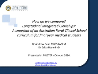 How do we compare? 
Longitudinal Integrated Clerkships: 
A snapshot of an Australian Rural Clinical School 
curriculum for final year medical students 
Dr Andrew Dean MBBS FACEM 
Dr Zelda Doyle PhD 
Presented at MUSTER - October 2014 
Andrew.dean@nd.edu.au 
Zelda.doyle@nd.edu.au 
 