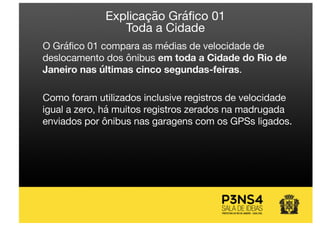 Explicação Gráfico 01
Toda a Cidade
O Gráfico 01 compara as médias de velocidade de
deslocamento dos ônibus em toda a Cidade do Rio de
Janeiro nas últimas cinco segundas-feiras.
Como foram utilizados inclusive registros de velocidade
igual a zero, há muitos registros zerados na madrugada
enviados por ônibus nas garagens com os GPSs ligados.
 