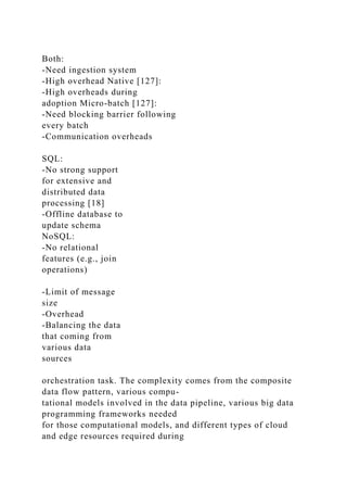 Both:
-Need ingestion system
-High overhead Native [127]:
-High overheads during
adoption Micro-batch [127]:
-Need blocking barrier following
every batch
-Communication overheads
SQL:
-No strong support
for extensive and
distributed data
processing [18]
-Offline database to
update schema
NoSQL:
-No relational
features (e.g., join
operations)
-Limit of message
size
-Overhead
-Balancing the data
that coming from
various data
sources
orchestration task. The complexity comes from the composite
data flow pattern, various compu-
tational models involved in the data pipeline, various big data
programming frameworks needed
for those computational models, and different types of cloud
and edge resources required during
 