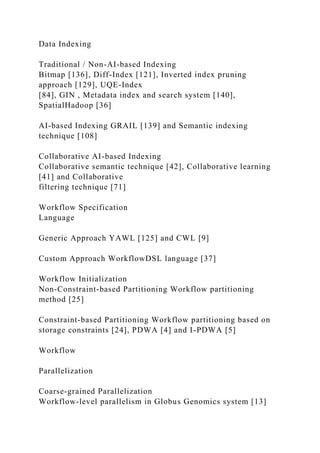 Data Indexing
Traditional / Non-AI-based Indexing
Bitmap [136], Diff-Index [121], Inverted index pruning
approach [129], UQE-Index
[84], GIN , Metadata index and search system [140],
SpatialHadoop [36]
AI-based Indexing GRAIL [139] and Semantic indexing
technique [108]
Collaborative AI-based Indexing
Collaborative semantic technique [42], Collaborative learning
[41] and Collaborative
filtering technique [71]
Workflow Specification
Language
Generic Approach YAWL [125] and CWL [9]
Custom Approach WorkflowDSL language [37]
Workflow Initialization
Non-Constraint-based Partitioning Workflow partitioning
method [25]
Constraint-based Partitioning Workflow partitioning based on
storage constraints [24], PDWA [4] and I-PDWA [5]
Workflow
Parallelization
Coarse-grained Parallelization
Workflow-level parallelism in Globus Genomics system [13]
 