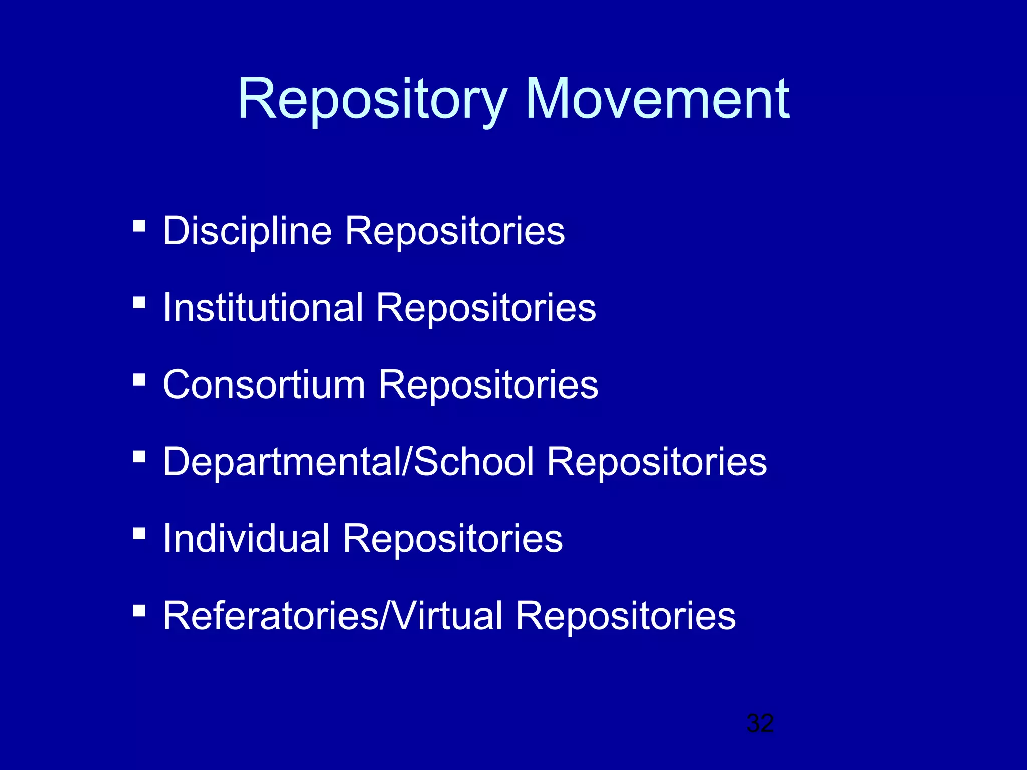 Repository Movement

 Discipline Repositories
 Institutional Repositories
 Consortium Repositories
 Departmental/School Repositories
 Individual Repositories
 Referatories/Virtual Repositories

                                      32
 
