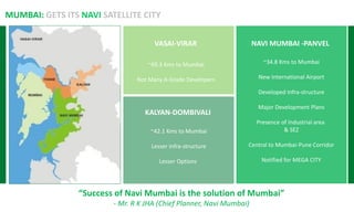 NAVI MUMBAI -PANVEL
KALYAN-DOMBIVALI
~42.1 Kms to Mumbai
Lesser Infra-structure
Lesser Options
VASAI-VIRAR
~69.3 Kms to Mu...