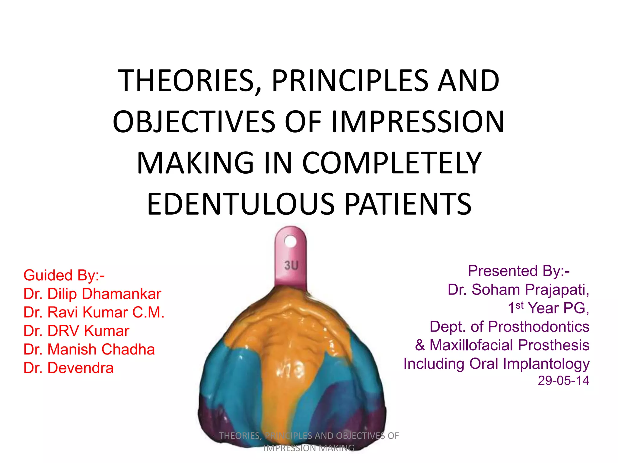 Presented By:-
Dr. Soham Prajapati,
1st Year PG,
Dept. of Prosthodontics
& Maxillofacial Prosthesis
Including Oral Implantology
29-05-14
Guided By:-
Dr. Dilip Dhamankar
Dr. Ravi Kumar C.M.
Dr. DRV Kumar
Dr. Manish Chadha
Dr. Devendra
THEORIES, PRINCIPLES AND
OBJECTIVES OF IMPRESSION
MAKING IN COMPLETELY
EDENTULOUS PATIENTS
THEORIES, PRINCIPLES AND OBJECTIVES OF
IMPRESSION MAKING
 