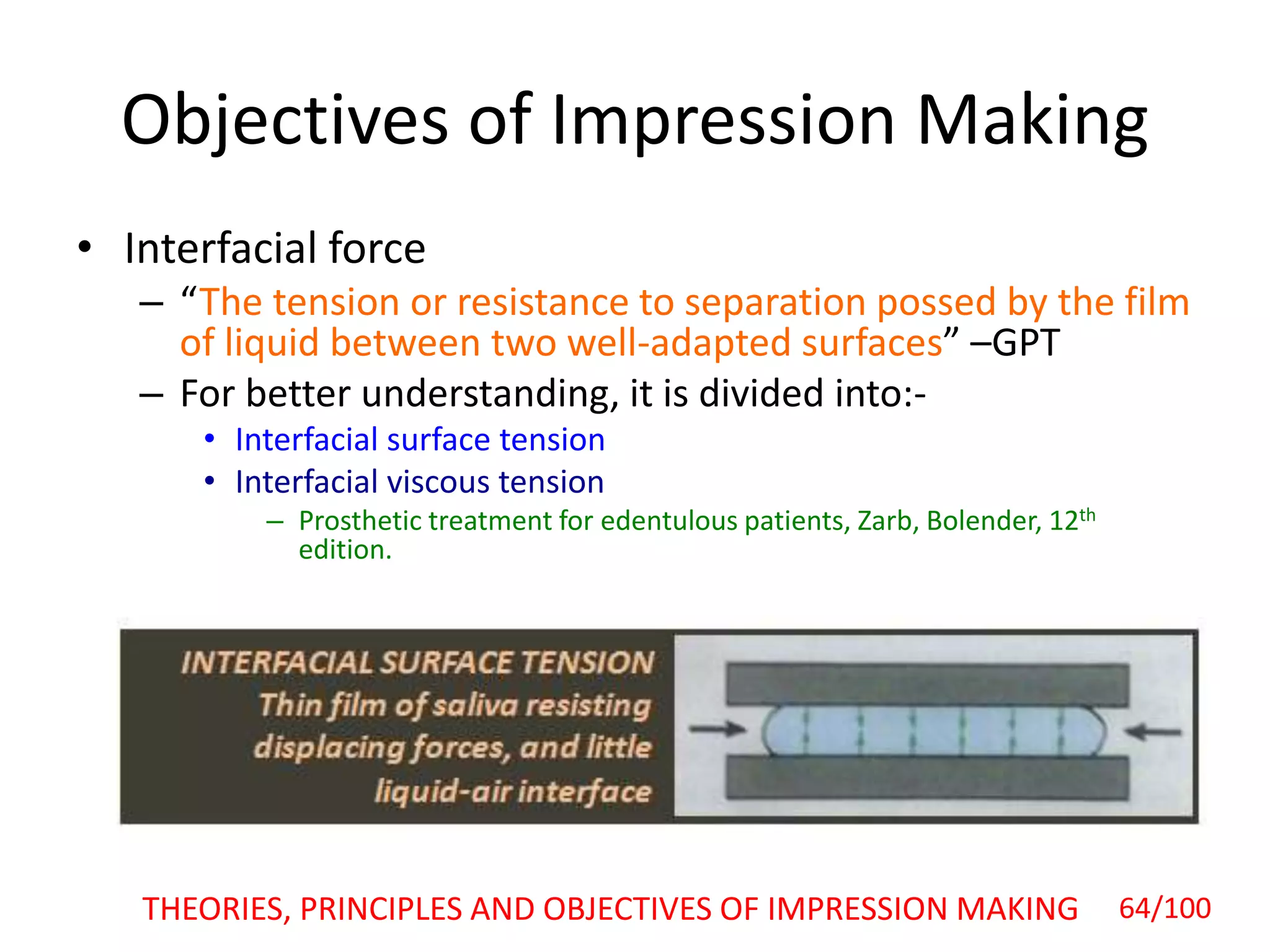Objectives of Impression Making
• Interfacial force
– “The tension or resistance to separation possed by the film
of liquid between two well-adapted surfaces” –GPT
– For better understanding, it is divided into:-
• Interfacial surface tension
• Interfacial viscous tension
– Prosthetic treatment for edentulous patients, Zarb, Bolender, 12th
edition.
THEORIES, PRINCIPLES AND OBJECTIVES OF IMPRESSION MAKING 64/100
 